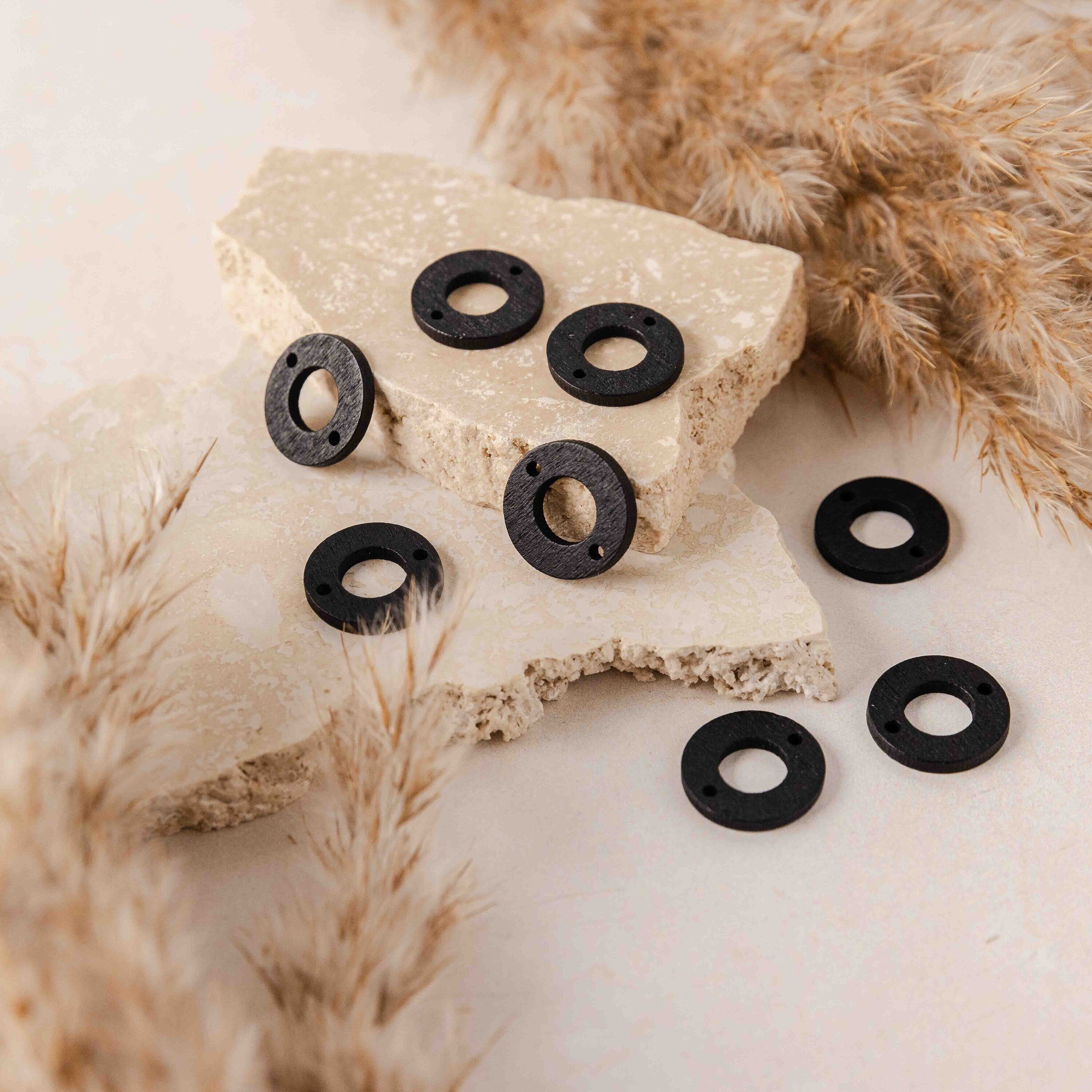 Open Circle 2 - Hole Black Wooden Connectors, 10 Pieces, Wood 53 - 