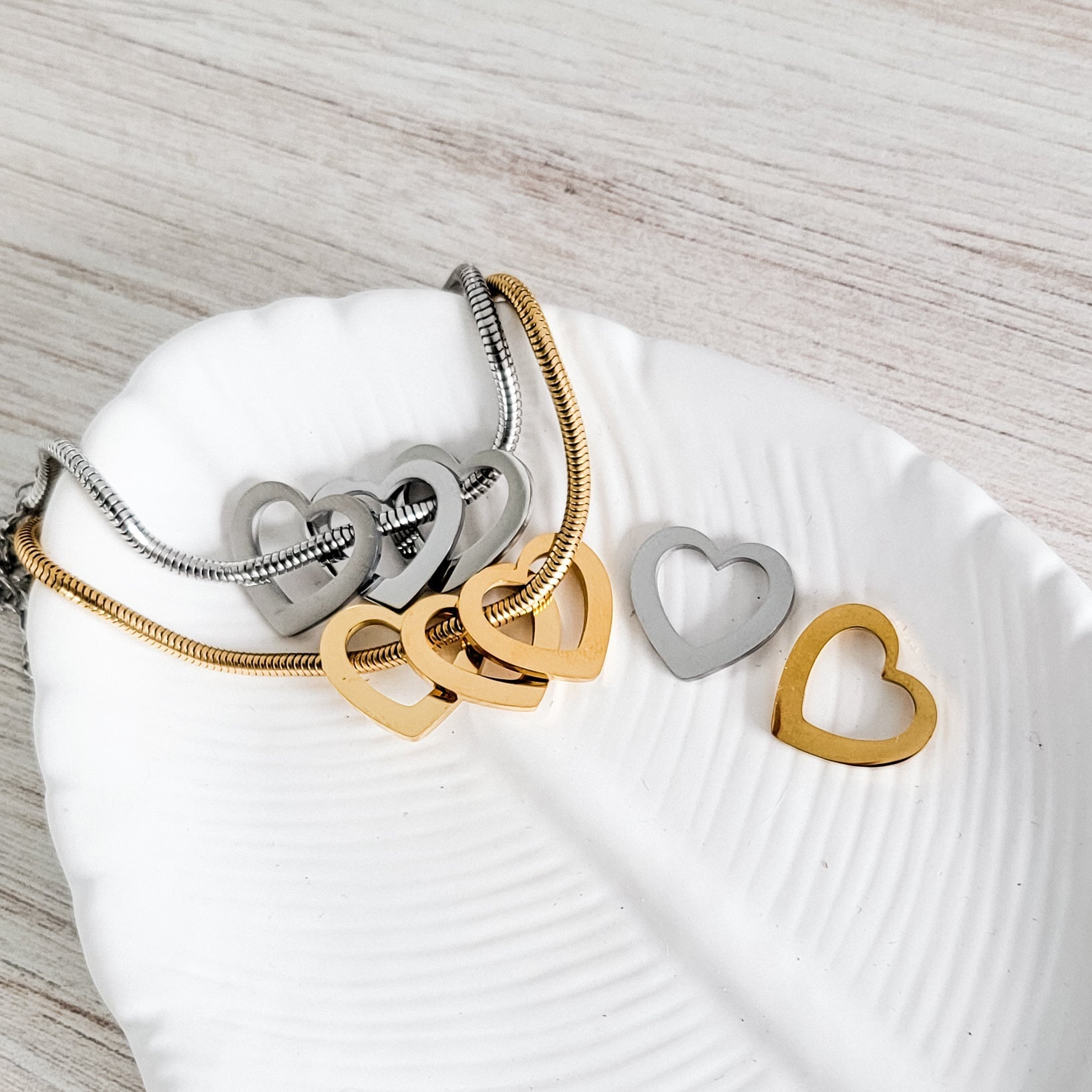 Open Heart Trio Snake Chain Bracelet (Choose Silver or Gold) and Optional Extra Hearts, Metal Blank 141 - 