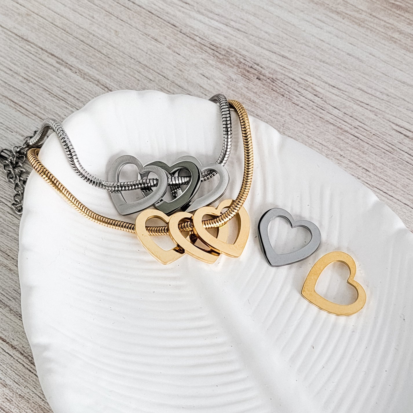 Open Heart Trio Snake Chain Bracelet (Choose Silver or Gold) and Optional Extra Hearts, Metal Blank 141 - 