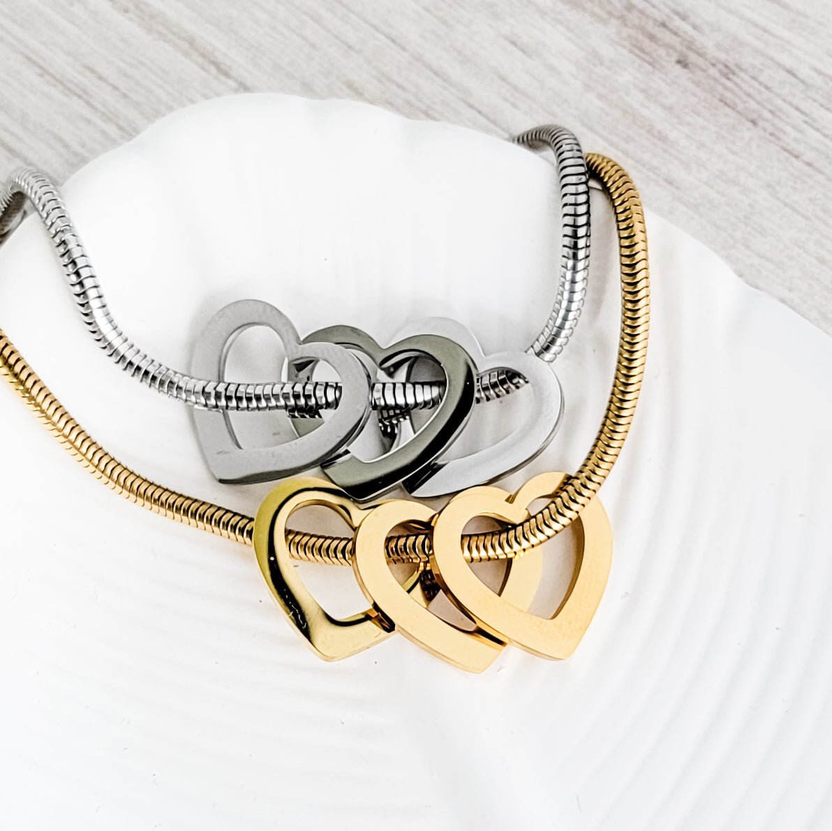 Open Heart Trio Snake Chain Bracelet (Choose Silver or Gold) and Optional Extra Hearts, Metal Blank 141 - 