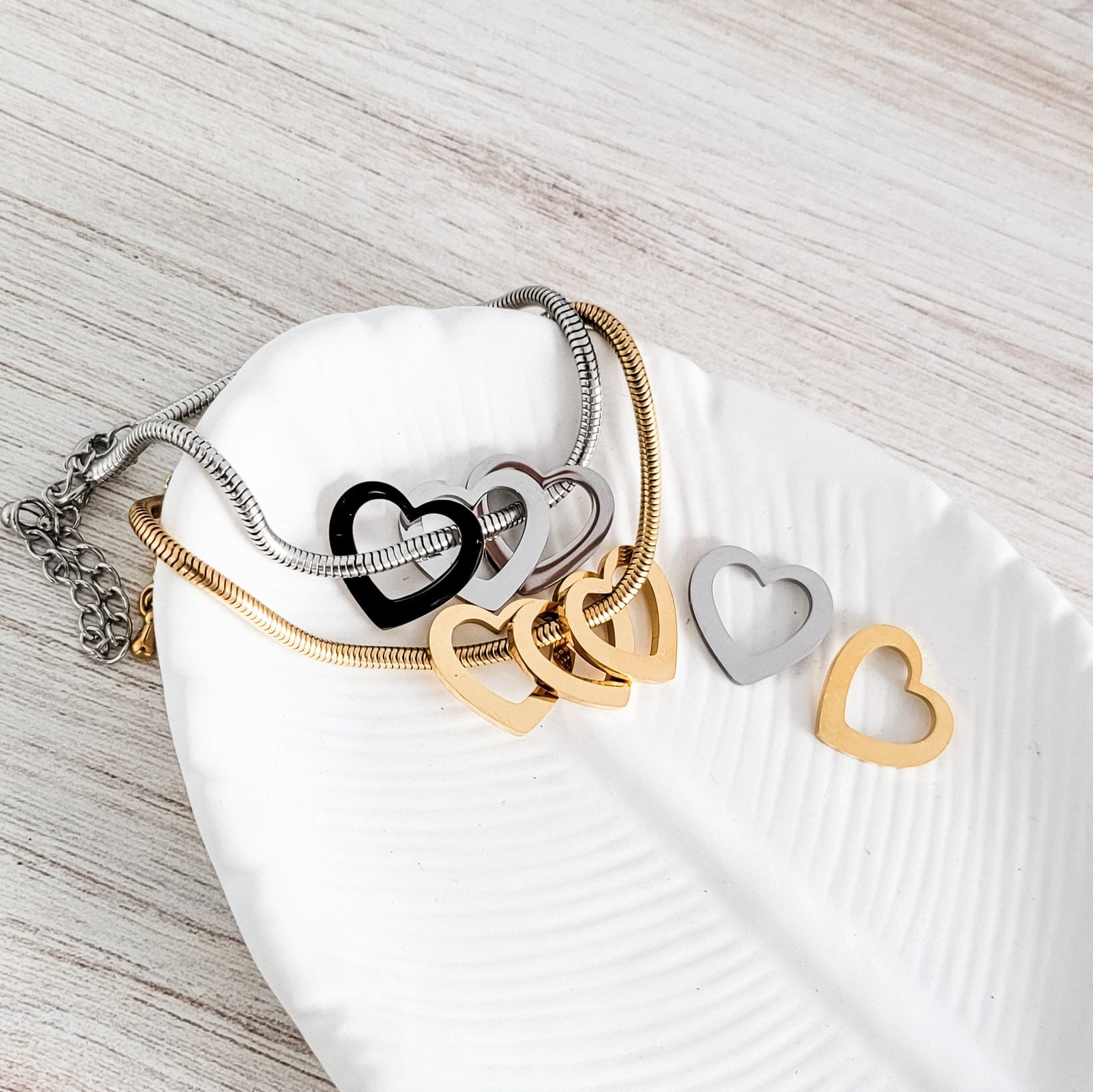 Open Heart Trio Snake Chain Bracelet (Choose Silver or Gold) and Optional Extra Hearts, Metal Blank 141 - 
