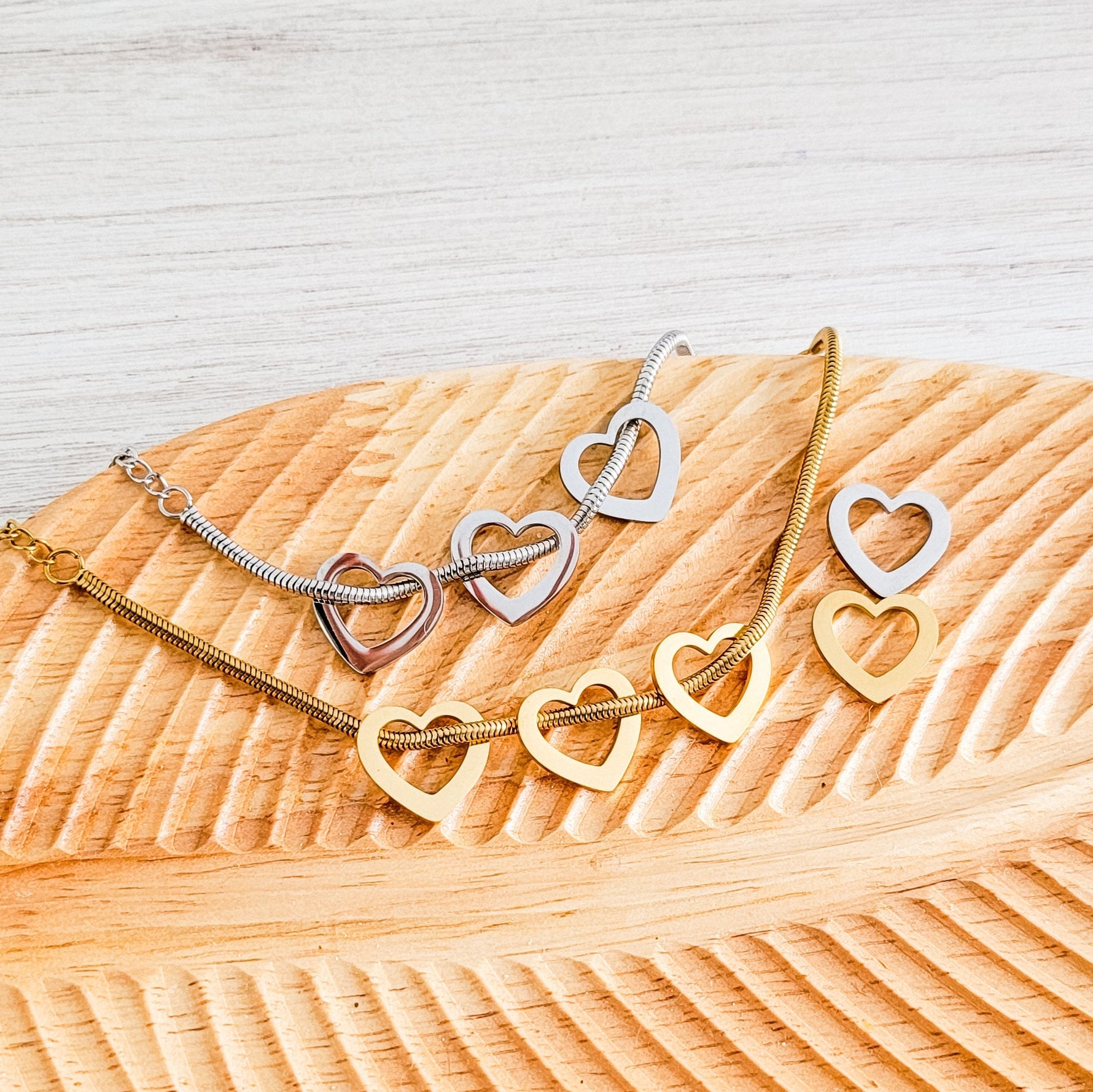 Open Heart Trio Snake Chain Bracelet (Choose Silver or Gold) and Optional Extra Hearts, Metal Blank 141 - 