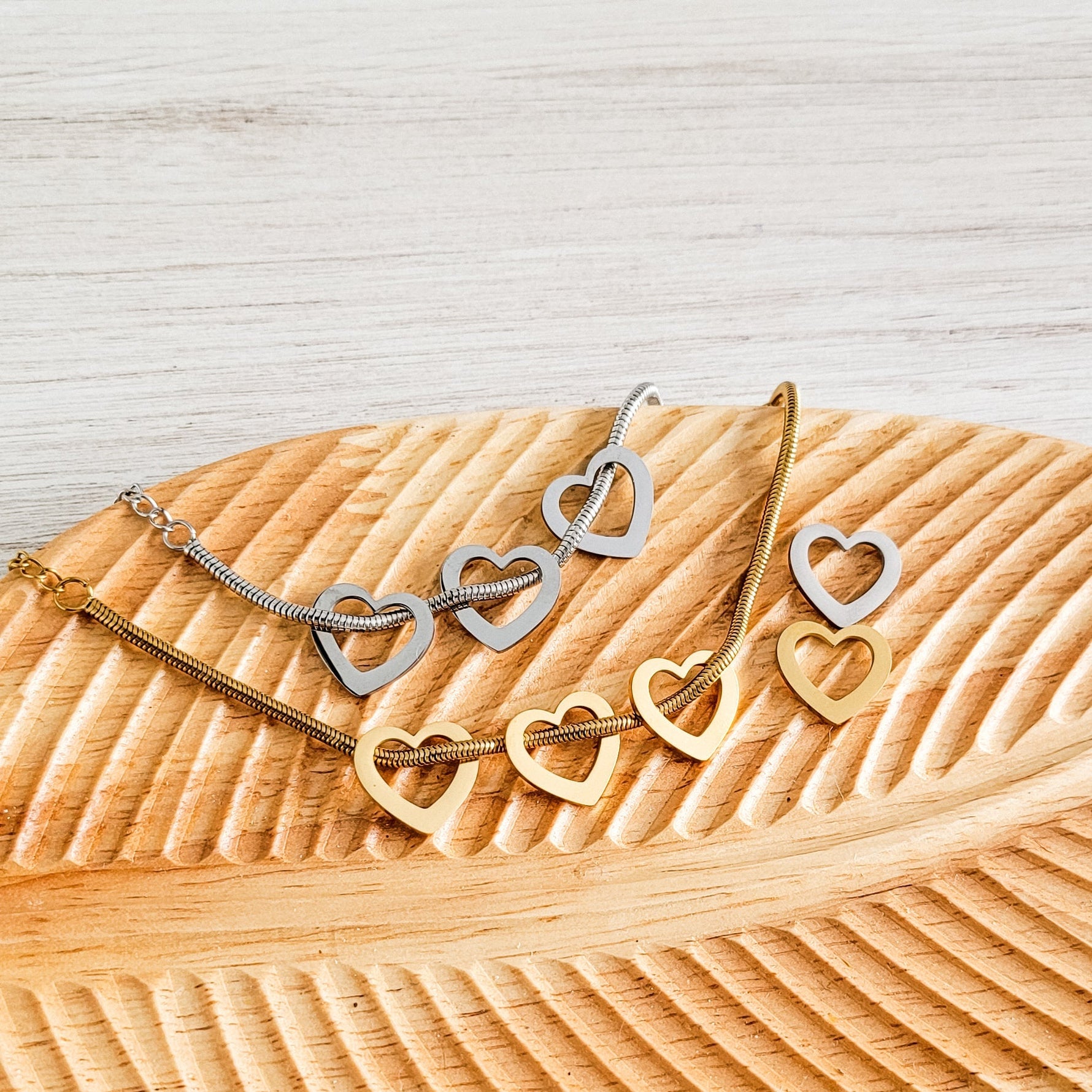 Open Heart Trio Snake Chain Bracelet (Choose Silver or Gold) and Optional Extra Hearts, Metal Blank 141 - 