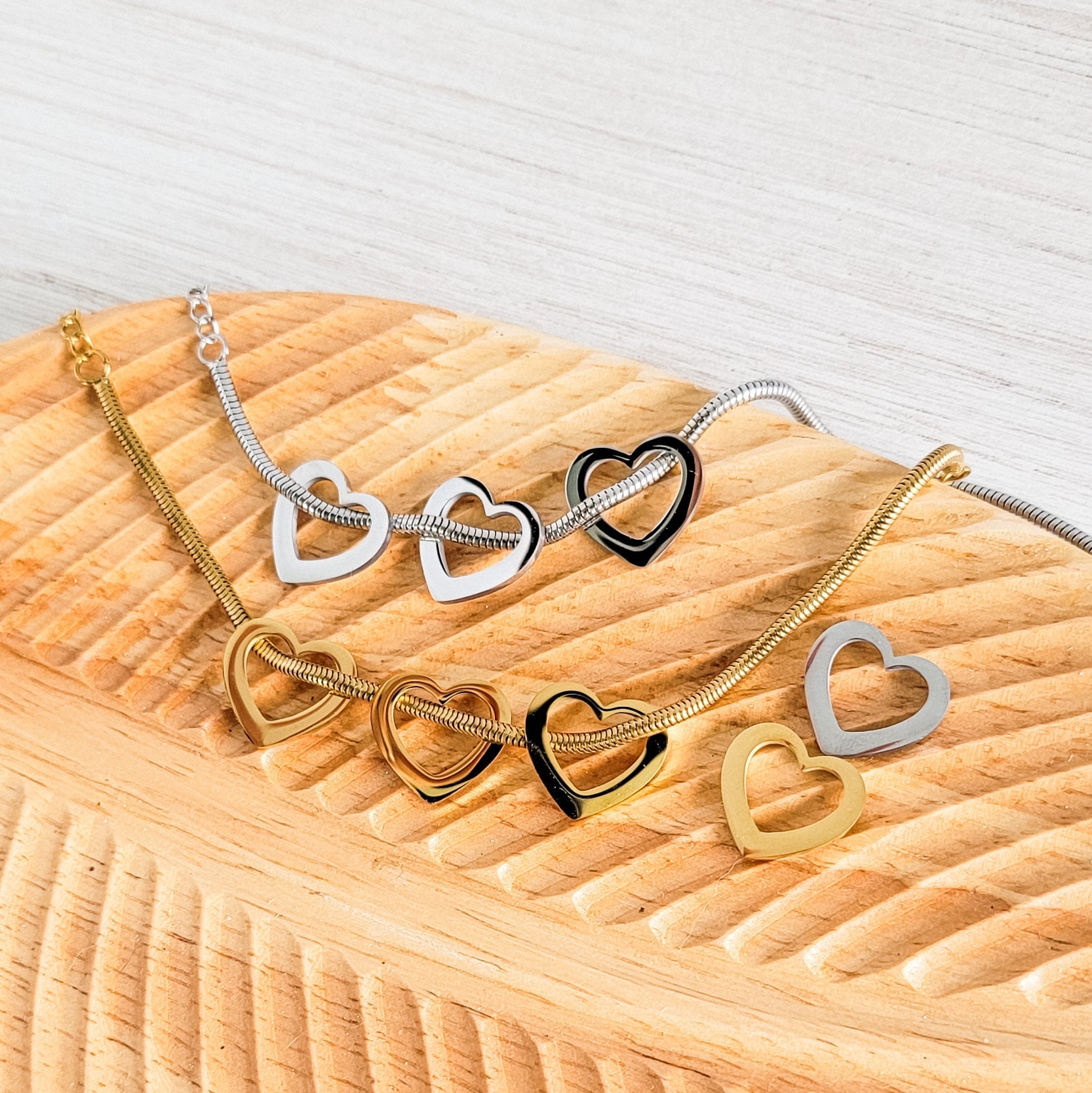 Open Heart Trio Snake Chain Bracelet (Choose Silver or Gold) and Optional Extra Hearts, Metal Blank 141 - 