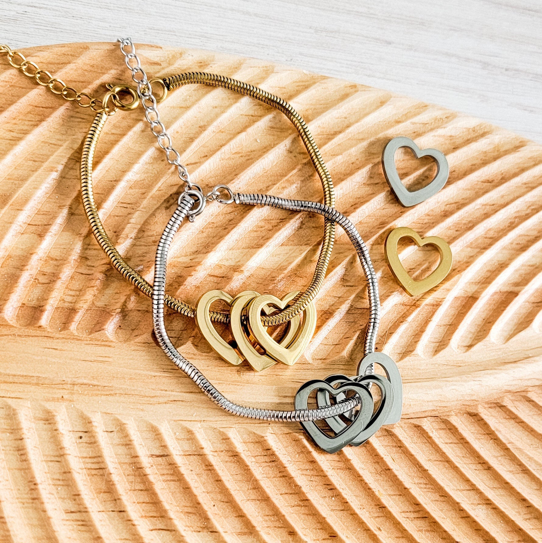 Open Heart Trio Snake Chain Bracelet (Choose Silver or Gold) and Optional Extra Hearts, Metal Blank 141 - 