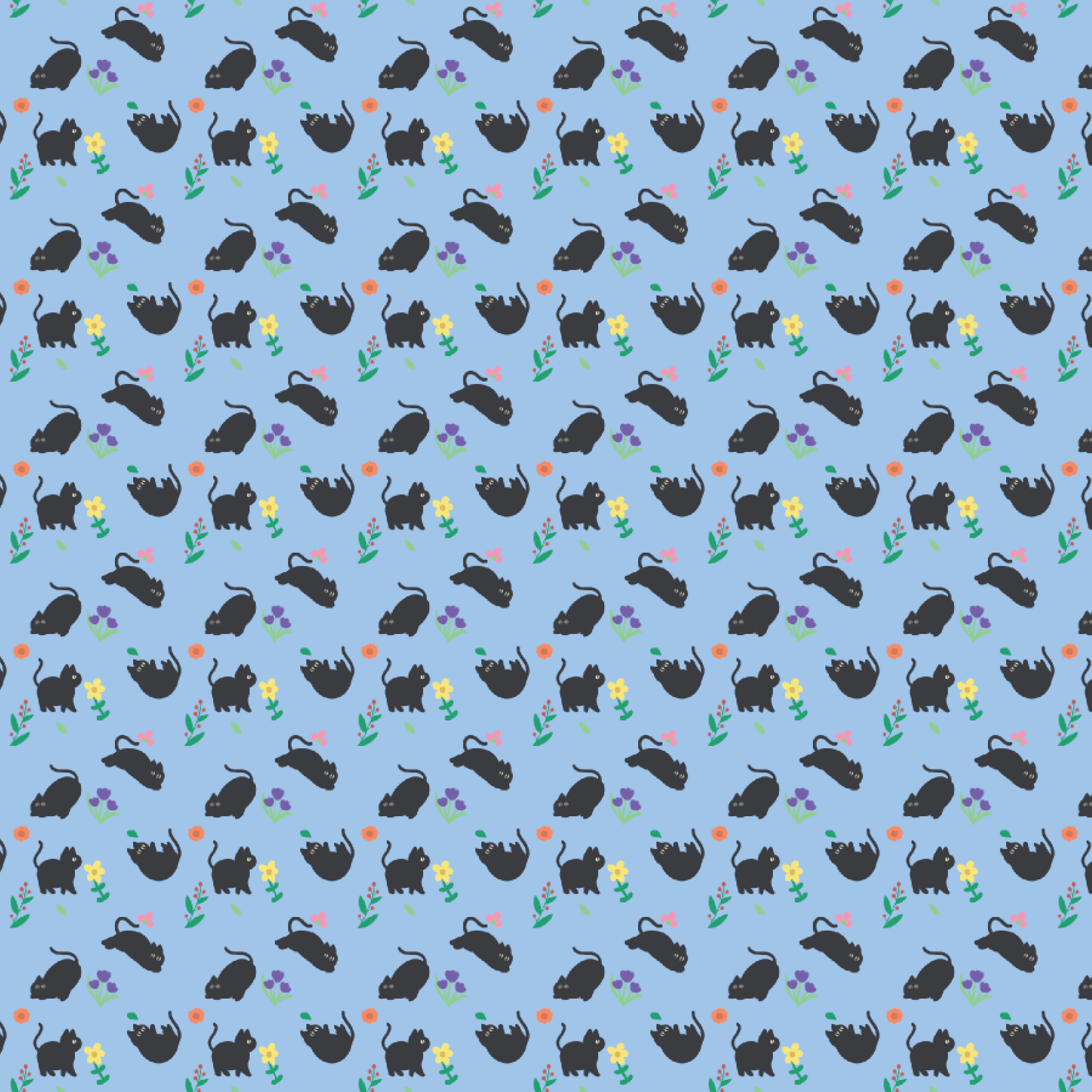 P1352 | Black Floral Cats on Blue Pattern Acrylic Sheets - Patterns