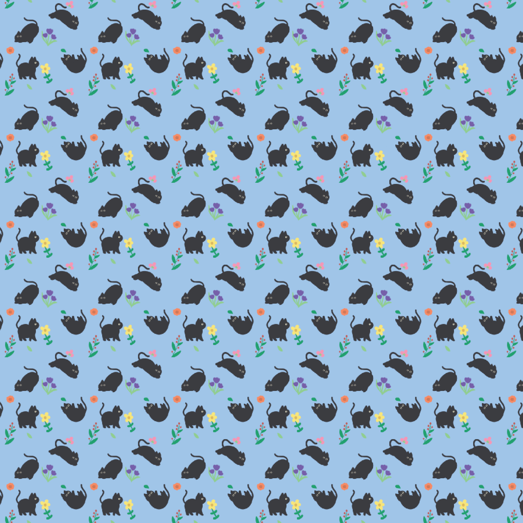P1352 | Black Floral Cats on Blue Pattern Acrylic Sheets - Patterns