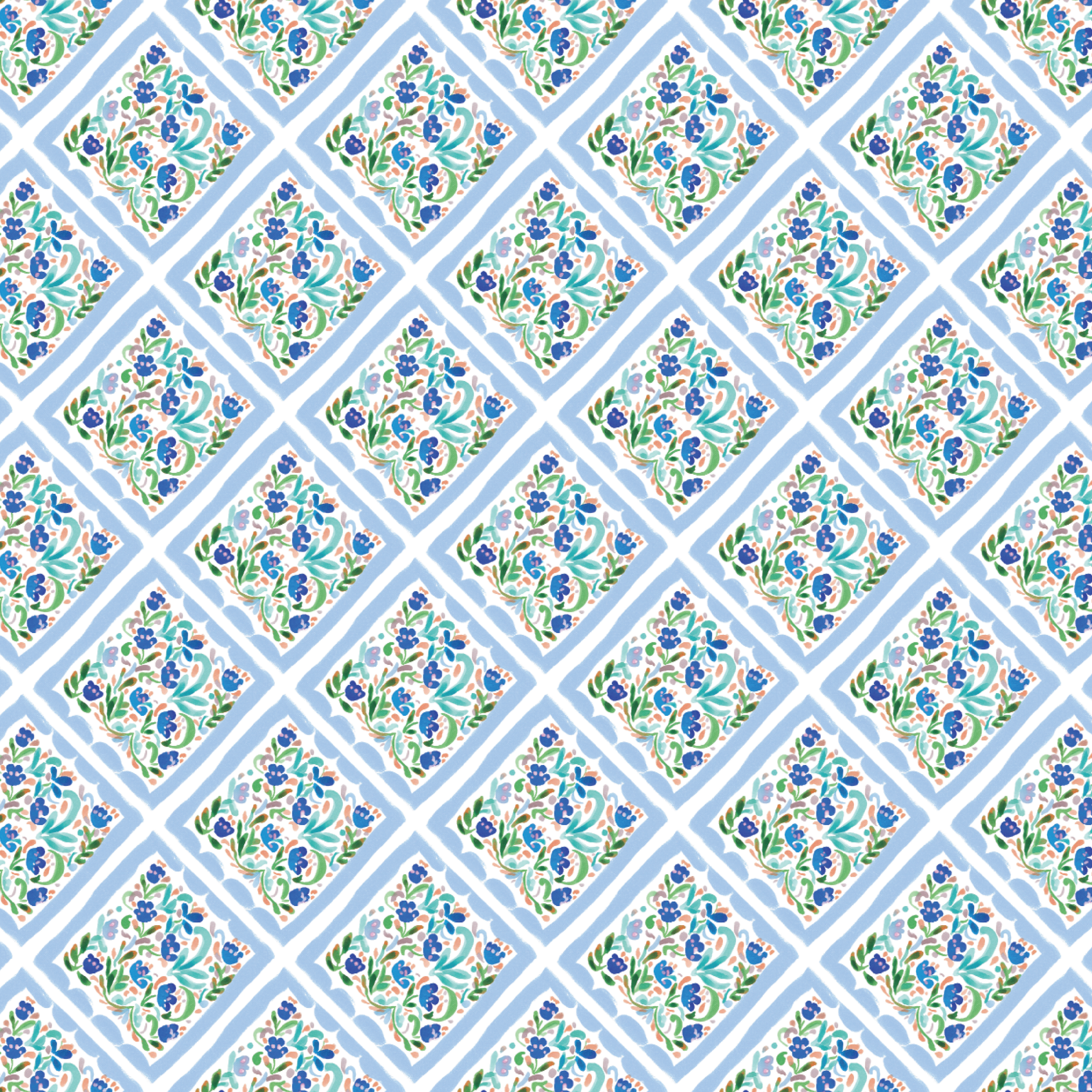 P1414 | Folk Floral Blue Pattern Acrylic Sheets - Patterns