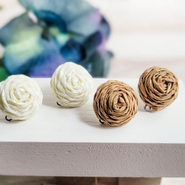 Raffia 16mm Small Stud Topper (Choose Cream or Dark Natural Color), 1 Pair, Stud 153, 156 - 