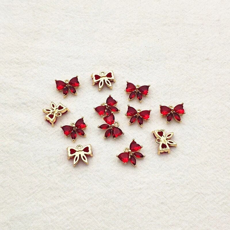 Red Cubic Zirconia Gold Bow Charms, 10 Pieces, Charm 21 - 