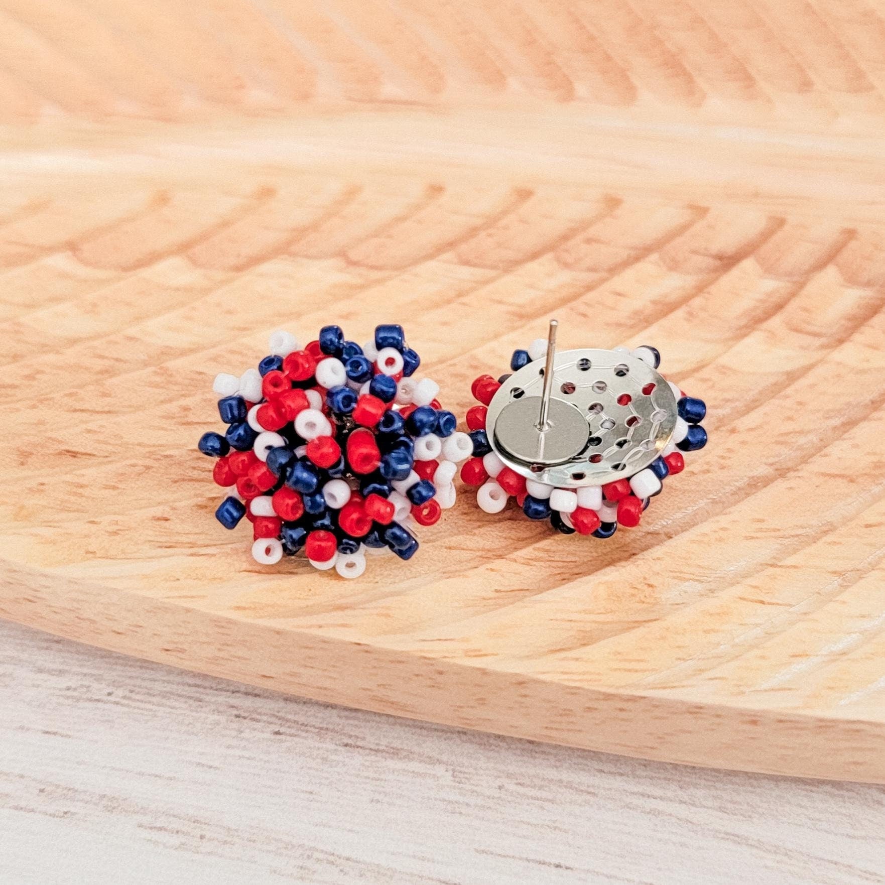 Red/White/Navy Blue Mix 15mm Small Seed Bead Topper, 1 Pair, Seed Bead 41 - 