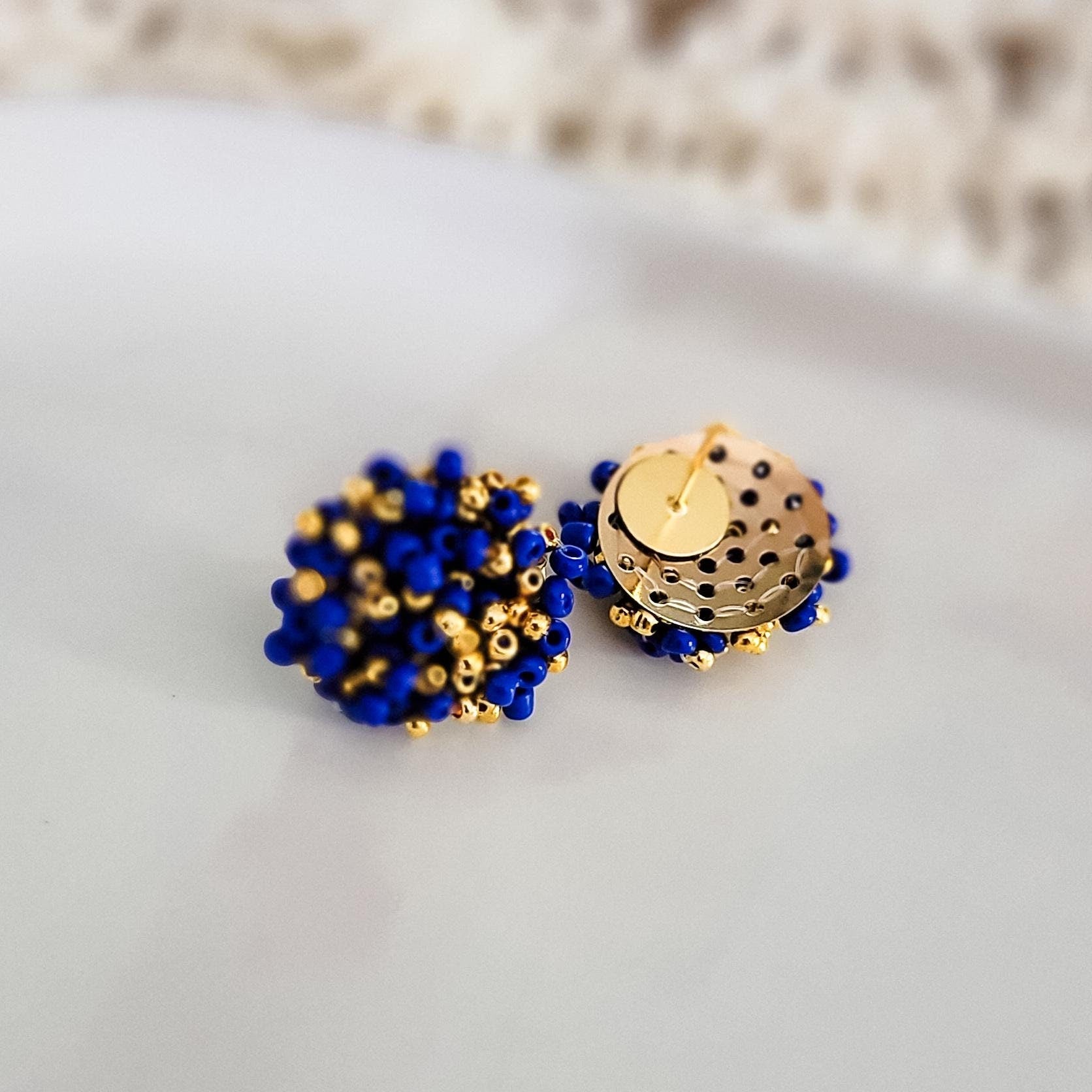 Royal Blue and Gold Mix 15mm Small Seed Bead Topper, 1 Pair, Seed Bead 76 - 