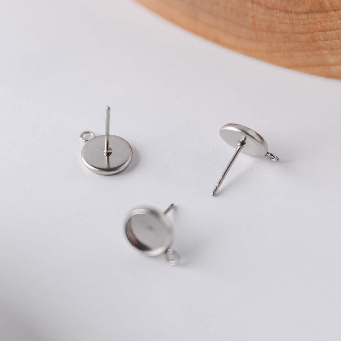 Silver 10mm Stainless Steel Stud Bezel Connector (With Loop), 10 Pieces, Stud 66 - 