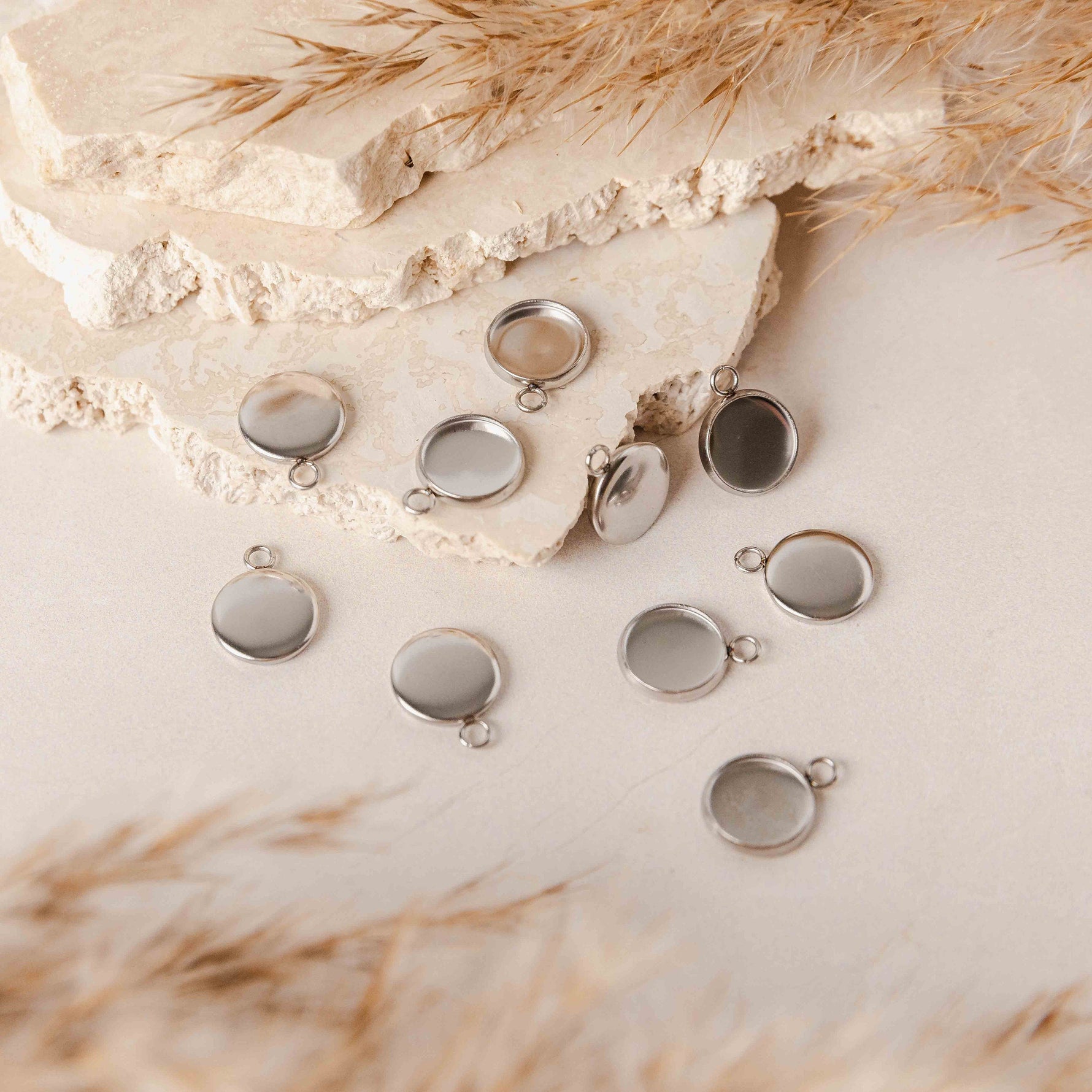 Silver 12mm Stainless Steel Charm Bezels, 10 Pieces, Charm 50 - 