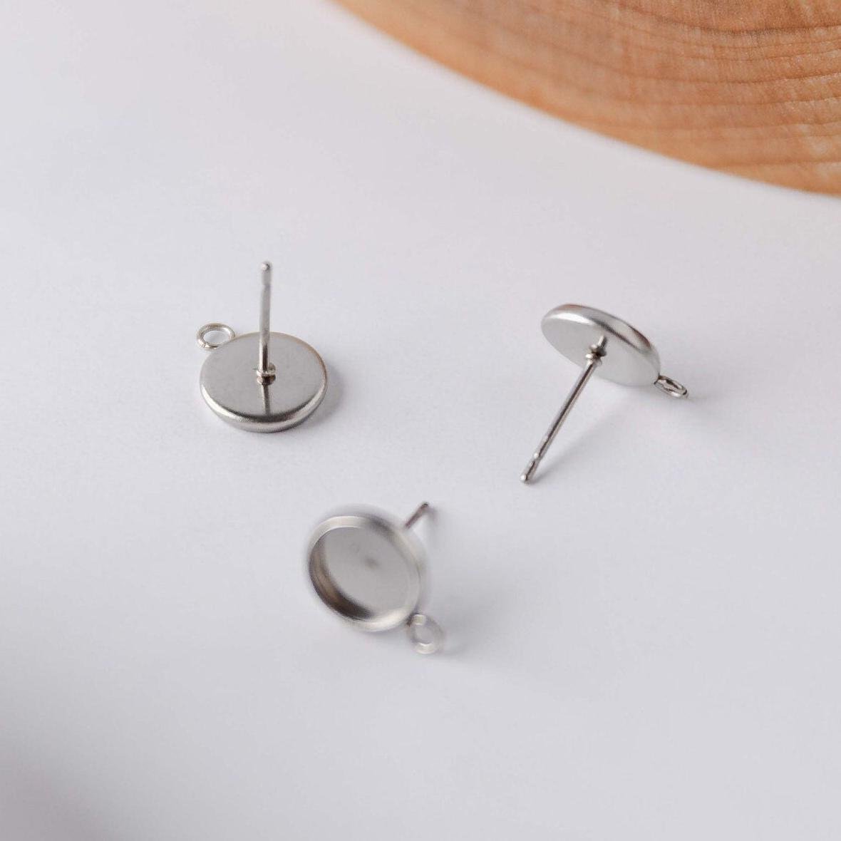 Silver 12mm Stainless Steel Stud Bezel Connector (With Loop), 10 Pieces, Stud 72 - 