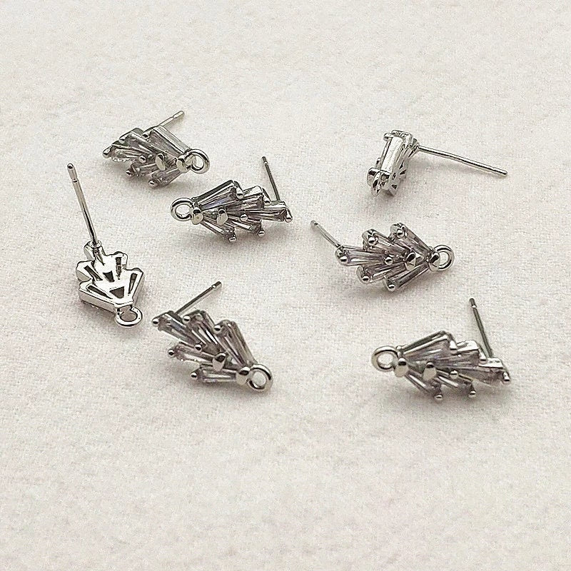 Silver Art Deco Style Cubic Zirconia Studs with Loops, 10 Pieces, Stud 32 - 