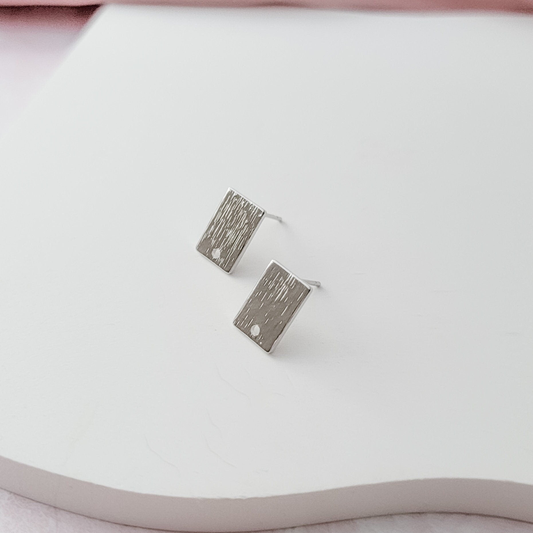 Silver Brushed Short Rectangle Stud Earring Findings, 10 Pieces, Stud 77 - 