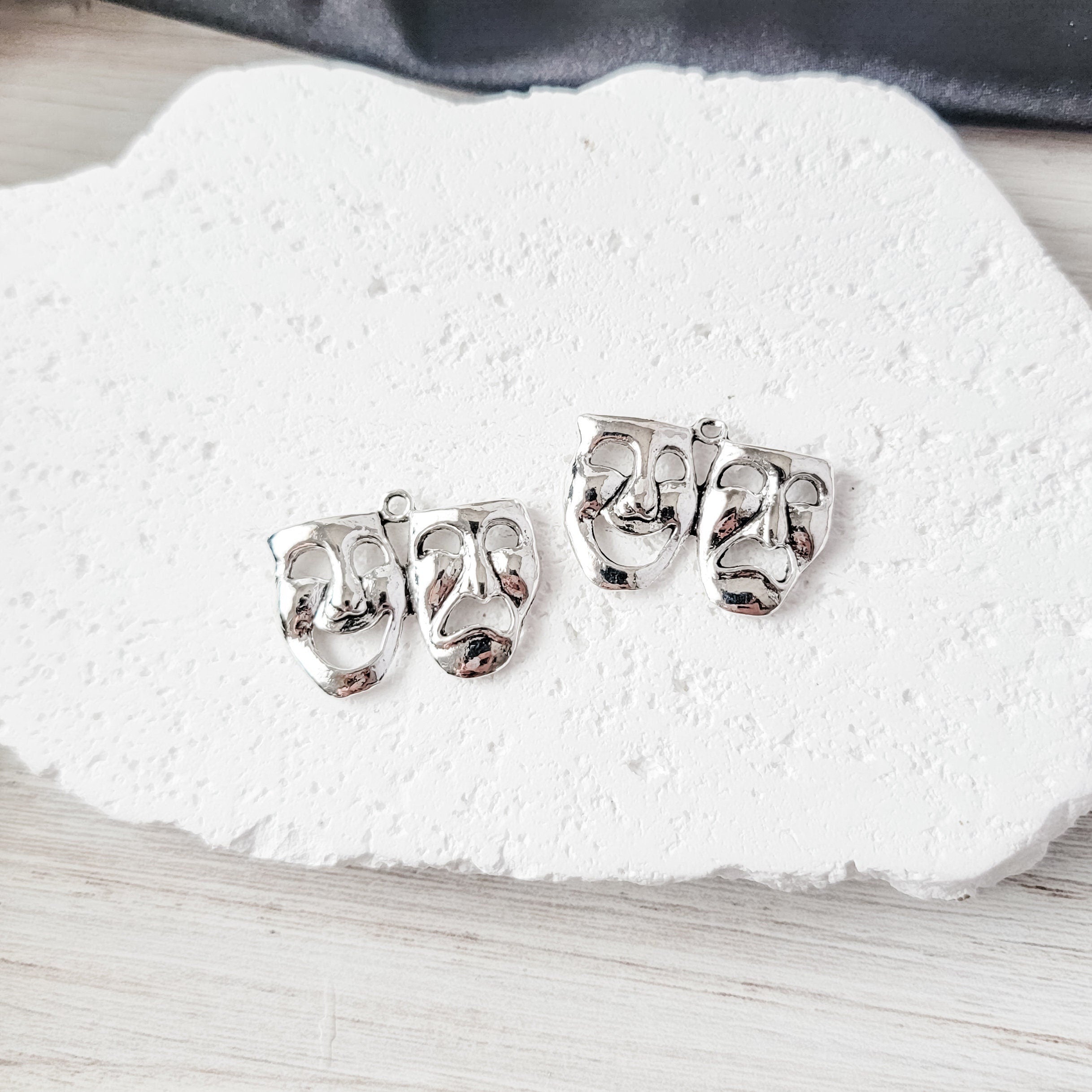 Silver Drama/Comedy Charms, Tragedy Masque Mardi Gras Plated Brass Charms, 10 Pieces - 