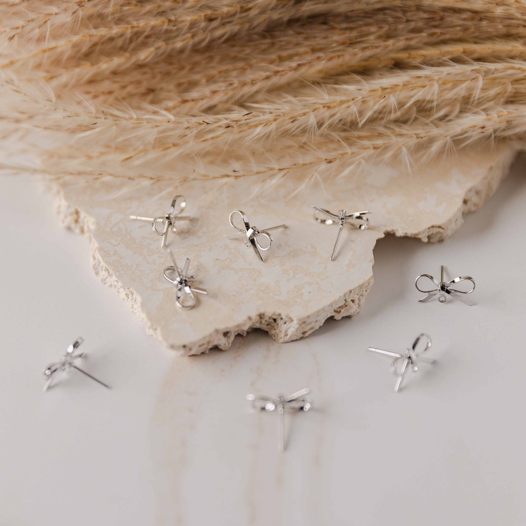 Silver Elegant Sterling Silver Bow Stud Connector, 10 Pieces, Bow 43 - 