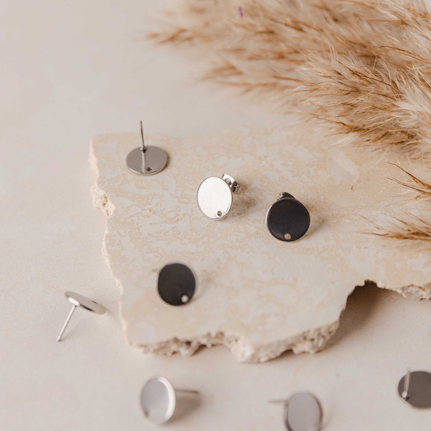 Silver Flat Round Stud Findings with Holes, 10 Pieces, Stud 37 - 
