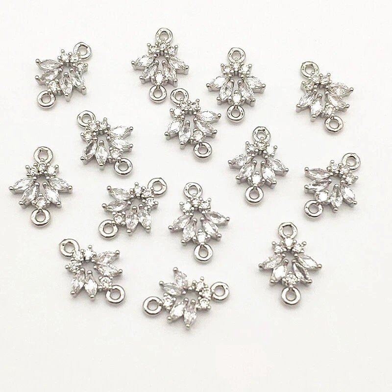 Silver Flower Cubic Zirconia 2 - Hole Connectors, 10 Pieces, Connector 13 - 