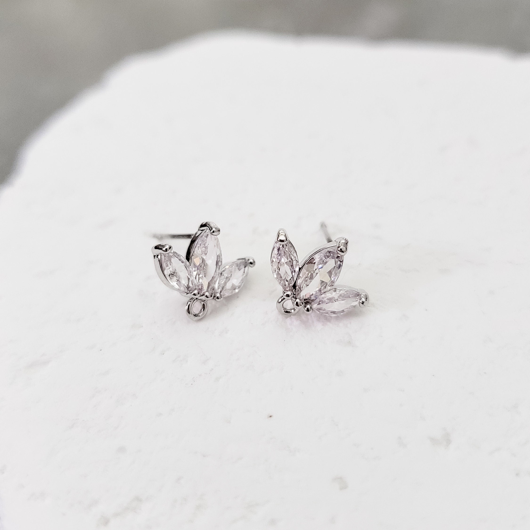 Silver Half Flower Cubic Zirconia Studs with Loops, 10 Pieces, Stud 70 - 