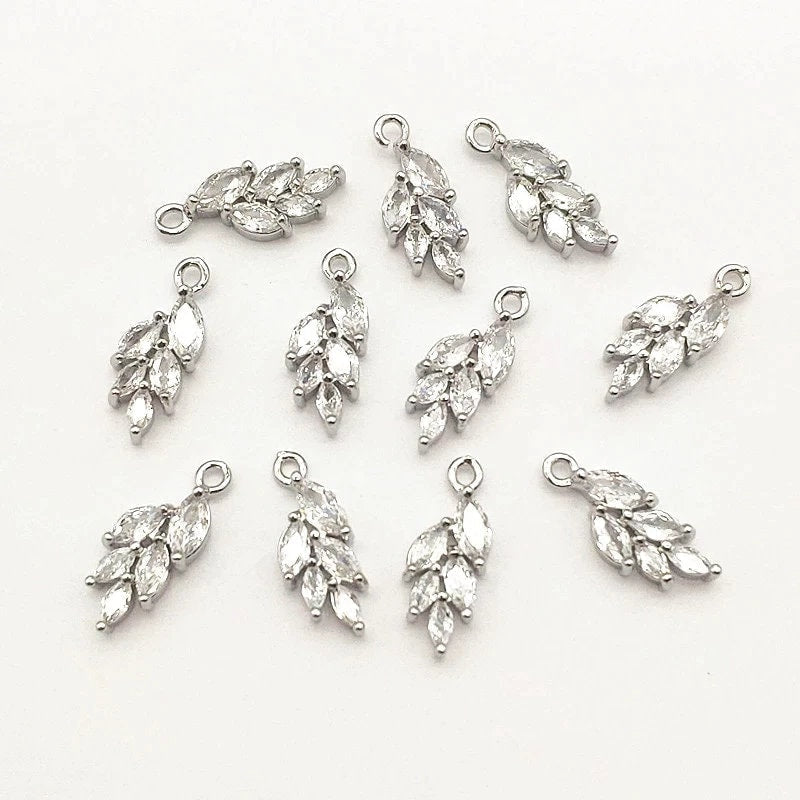 Silver Leaf Cubic Zirconia Charms, 10 Pieces, Charm 38 - 