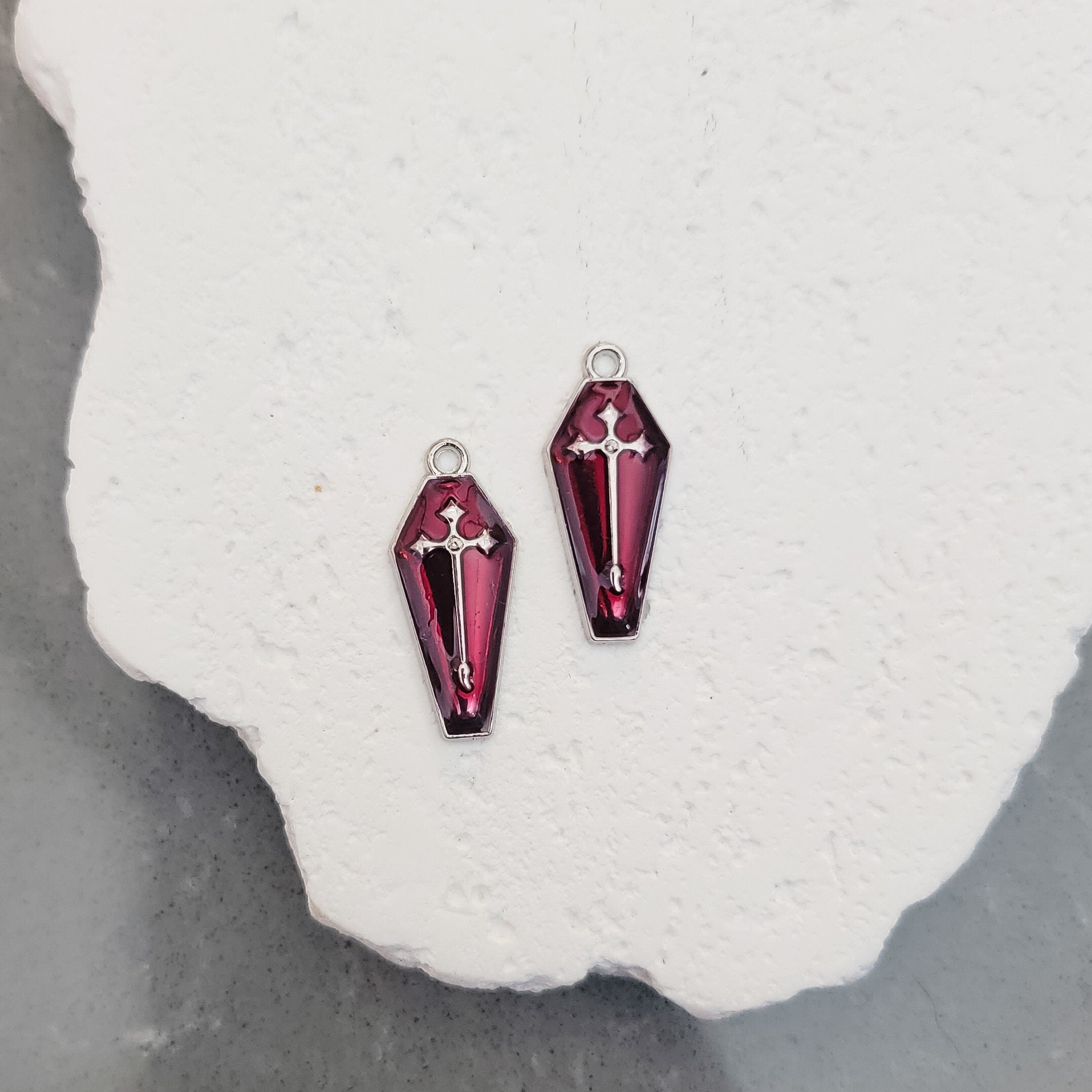 Silver & Maroon Coffin Enamel and Alloy Pendant Charm, 10 Pieces, Charm 12 - 