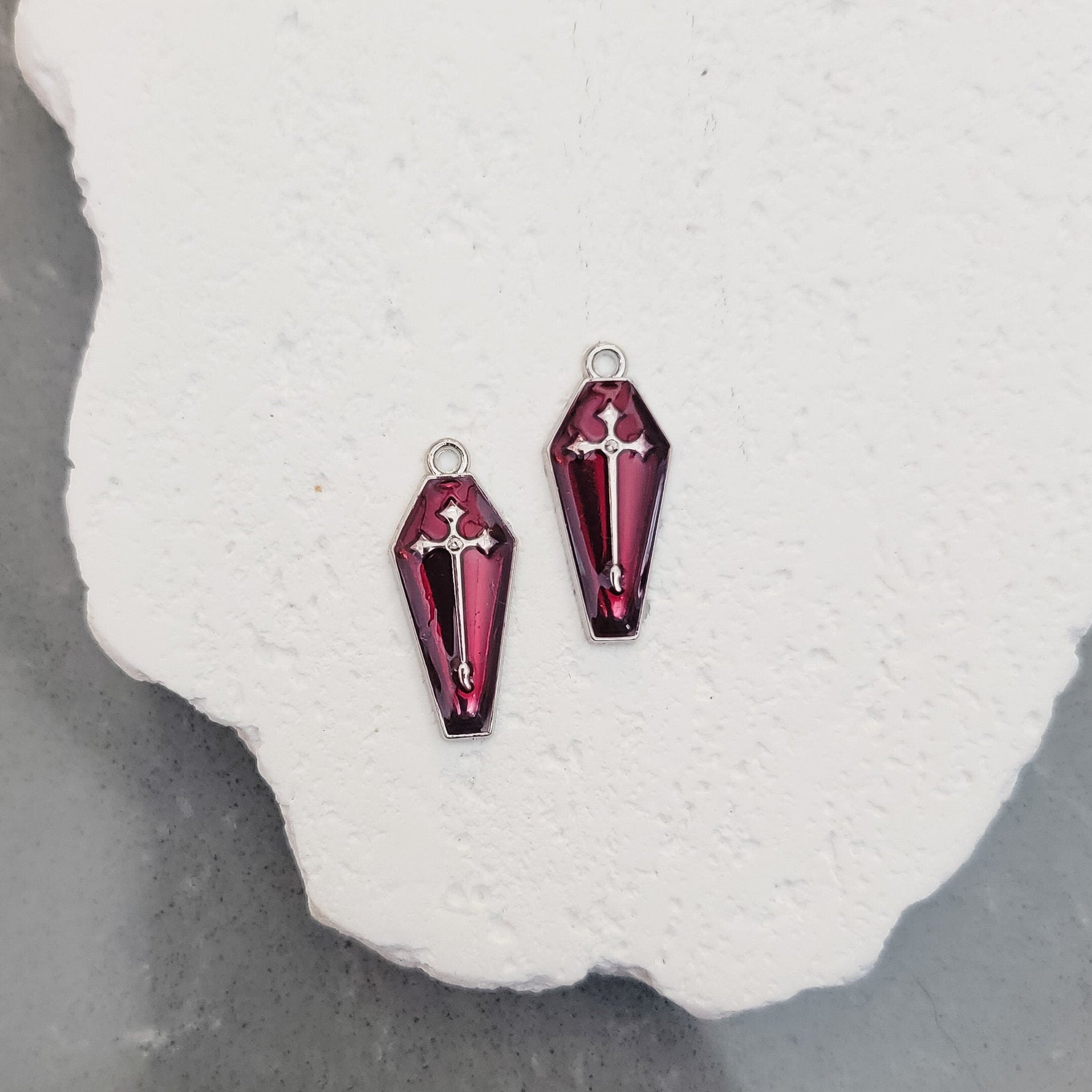 Silver & Maroon Coffin Enamel and Alloy Pendant Charm, 10 Pieces, Charm 12 - 