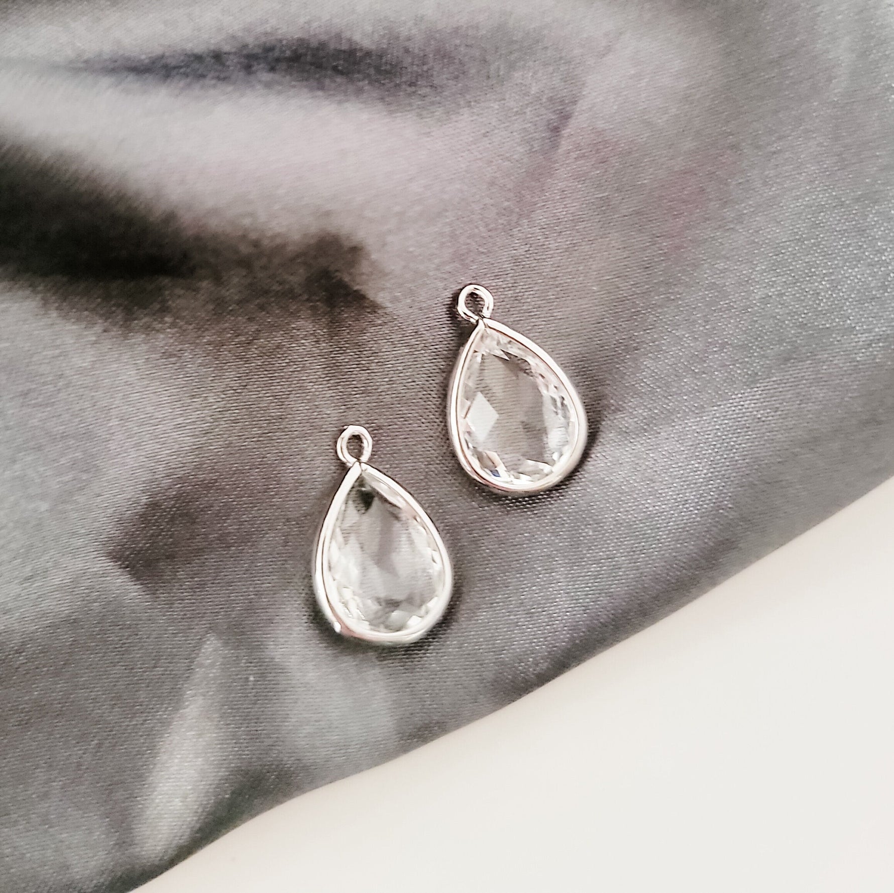 Silver Teardrop Crystal Charms, 10 Pieces, Charm 42 - 