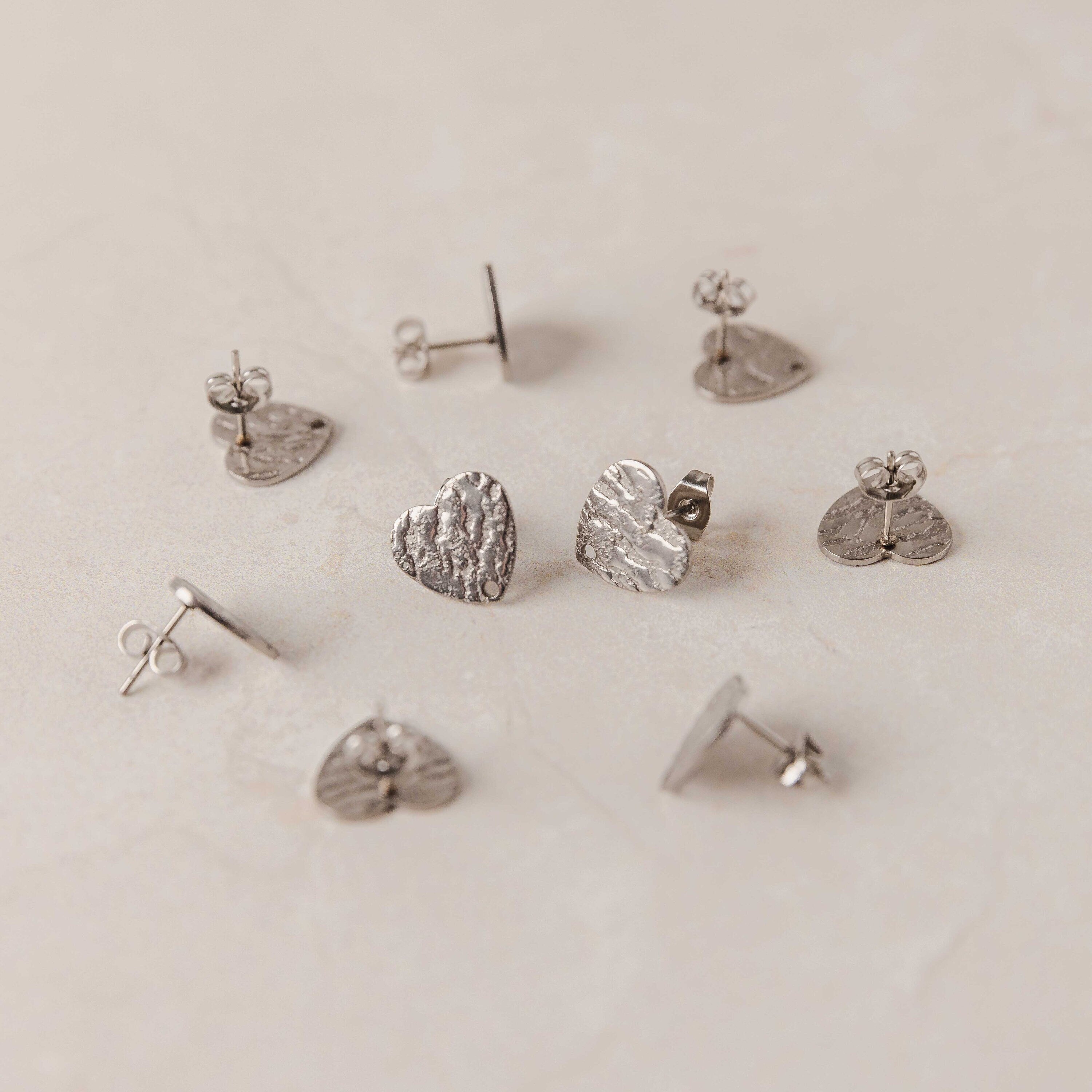 Silver Textured Heart Stud Findings with Holes, 10 Pieces, Stud 78 - 