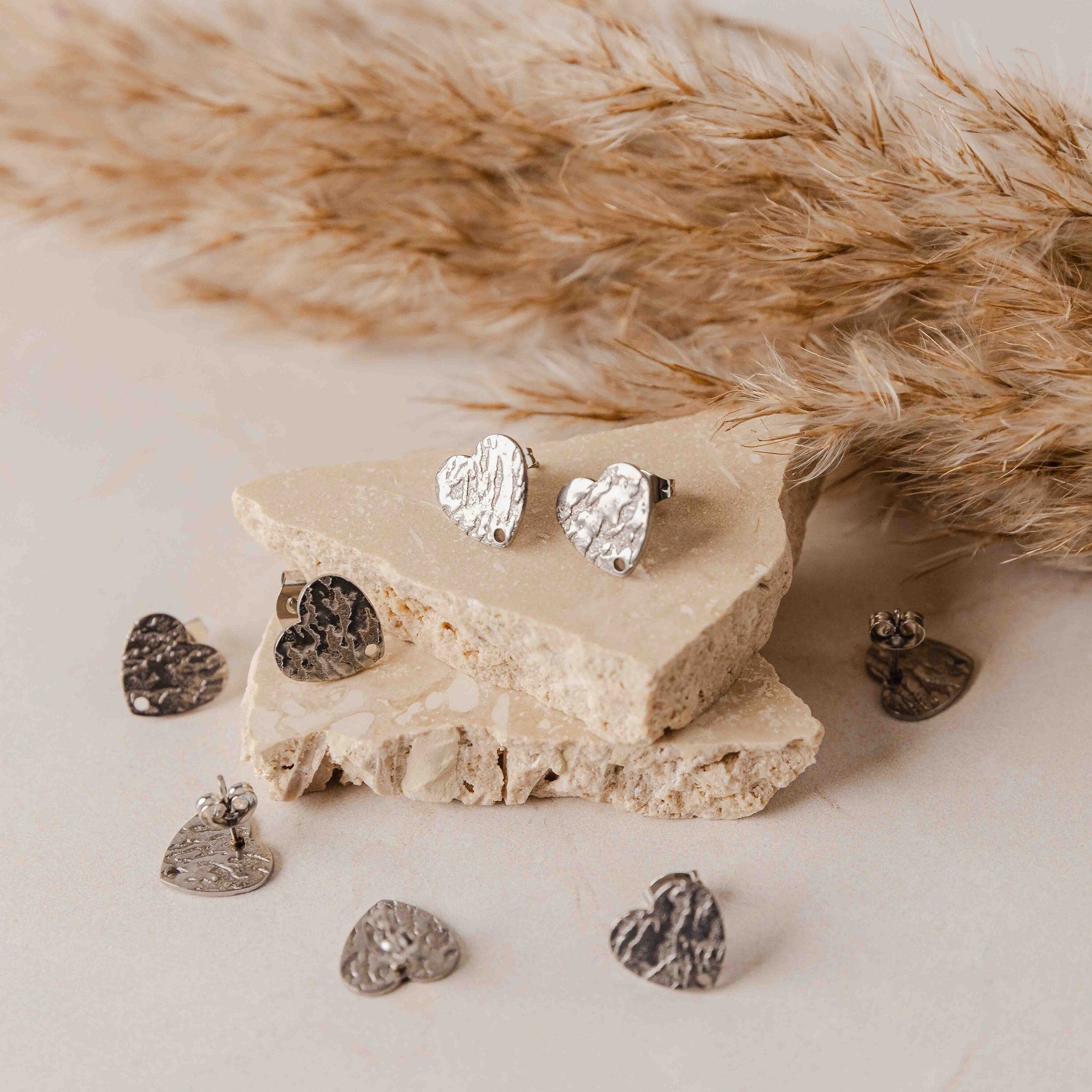 Silver Textured Heart Stud Findings with Holes, 10 Pieces, Stud 78 - 