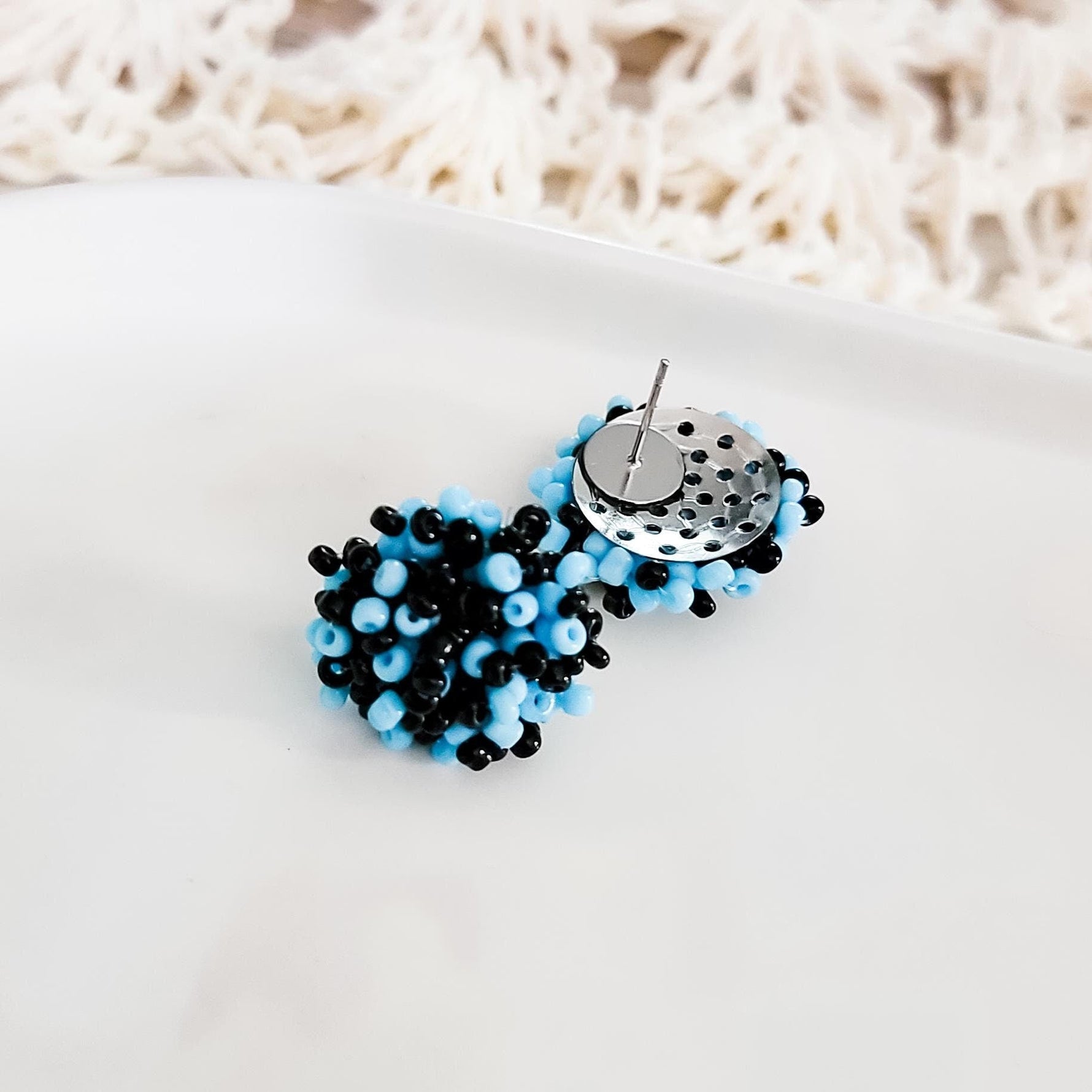 Sky Blue and Black Mix 15mm Small Seed Bead Topper, 1 Pair, Seed Bead 49 - 