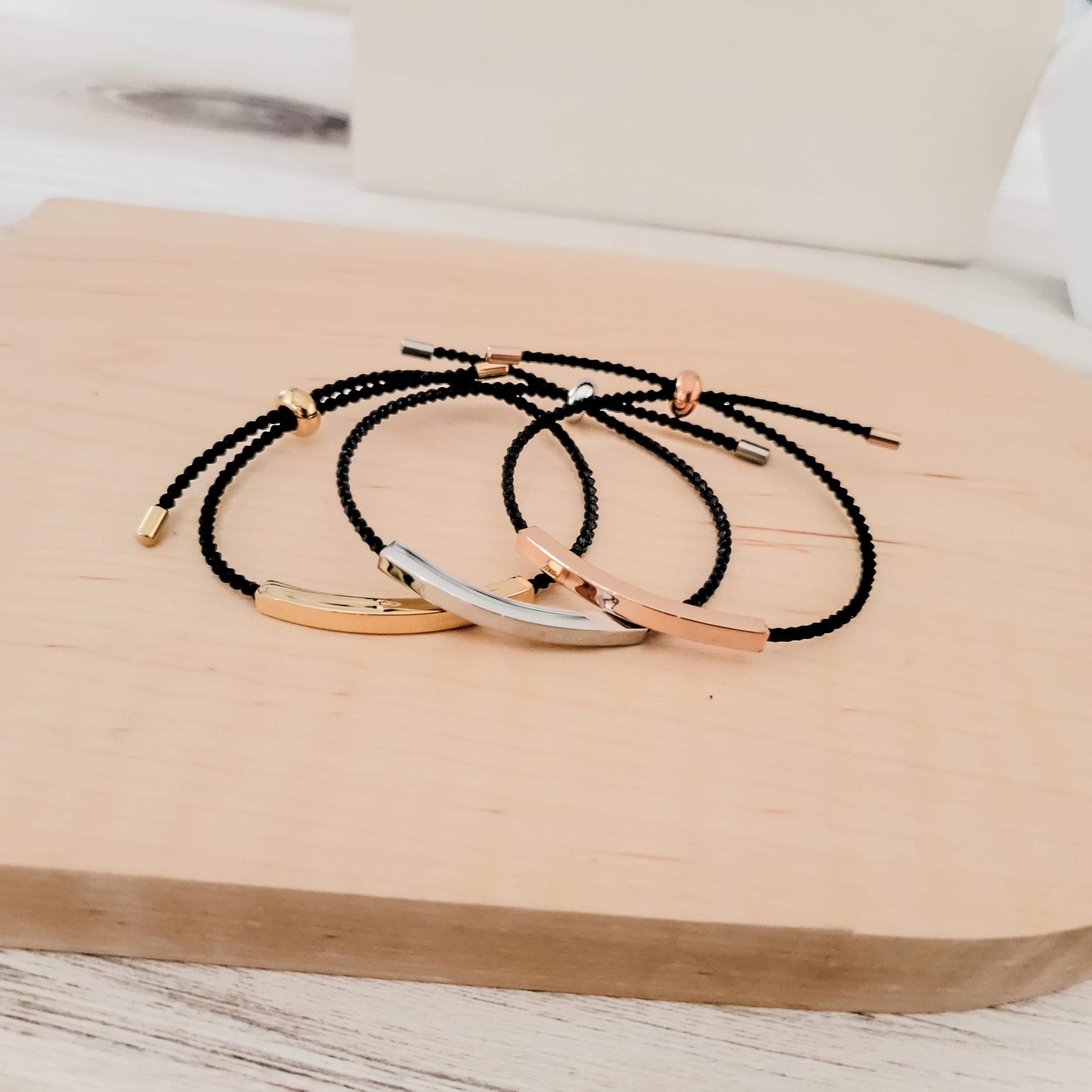 Sliding Bar Cord Bracelet (Silver, Gold, Rose Gold + Black Cord), 1 Total, Metal Blank 121 - 