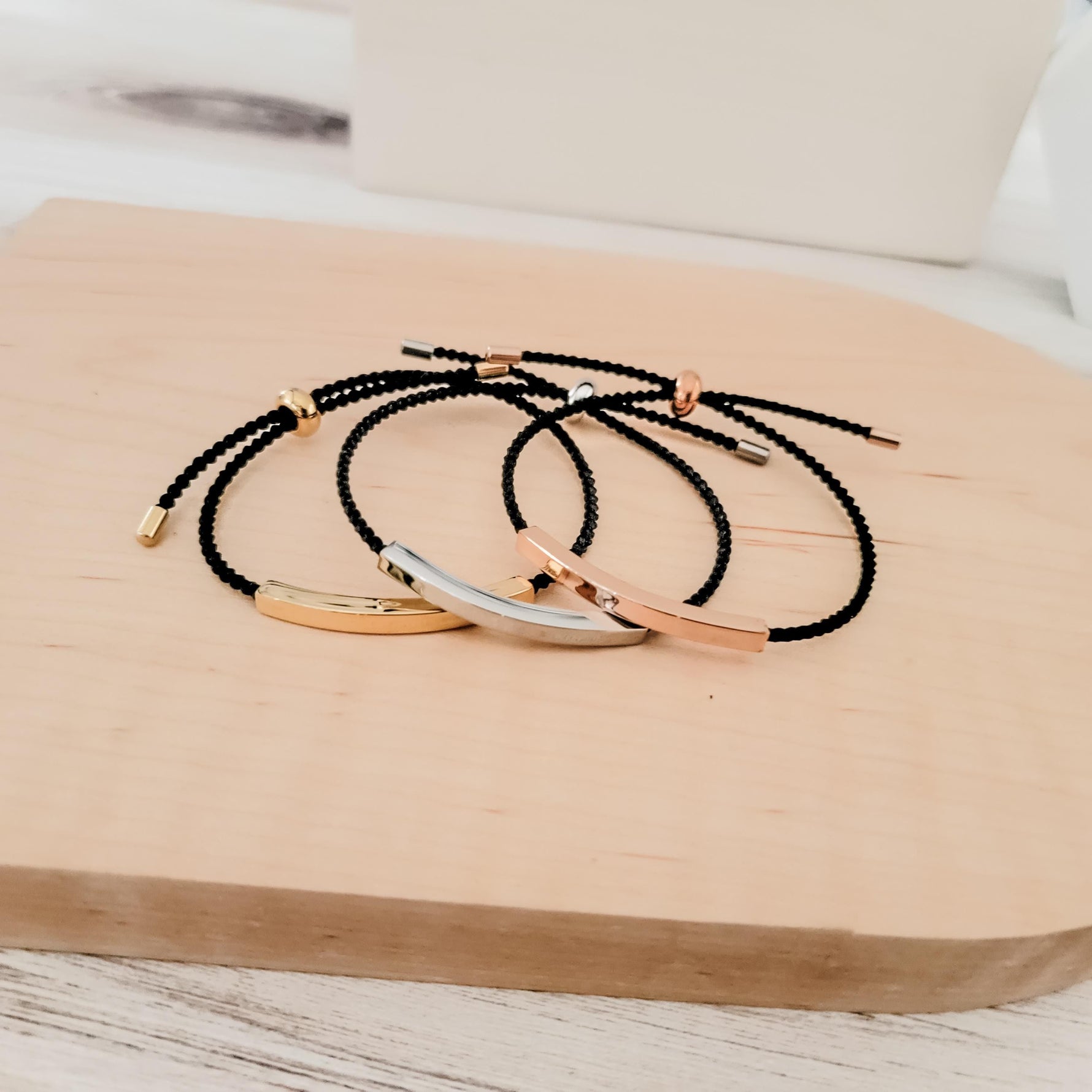 Sliding Bar Cord Bracelet (Silver, Gold, Rose Gold + Black Cord), 1 Total, Metal Blank 121 - 