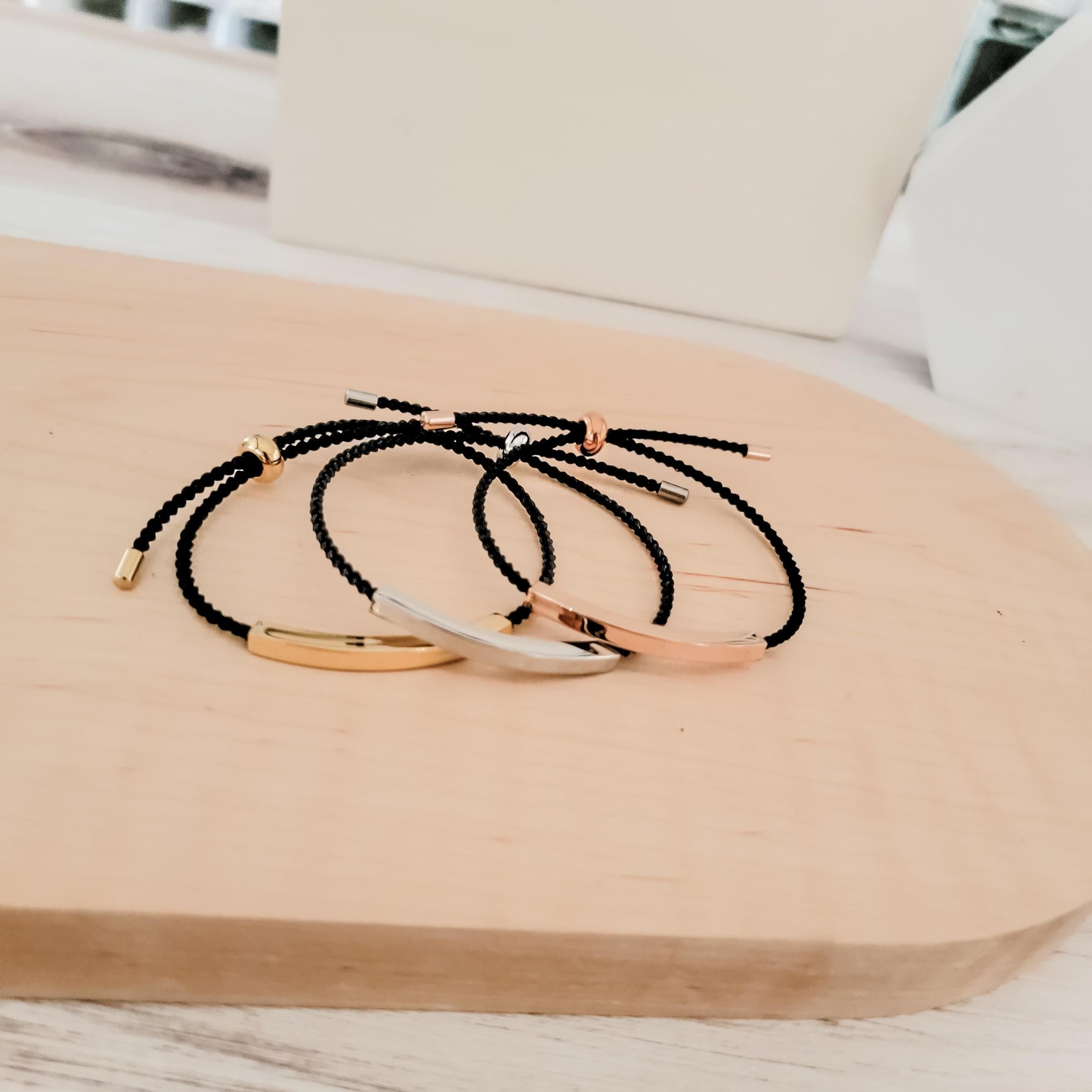 Sliding Bar Cord Bracelet (Silver, Gold, Rose Gold + Black Cord), 1 Total, Metal Blank 121 - 