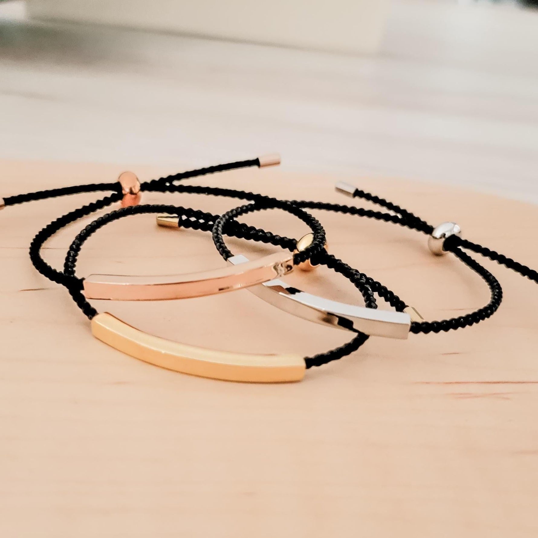 Sliding Bar Cord Bracelet (Silver, Gold, Rose Gold + Black Cord), 1 Total, Metal Blank 121 - 
