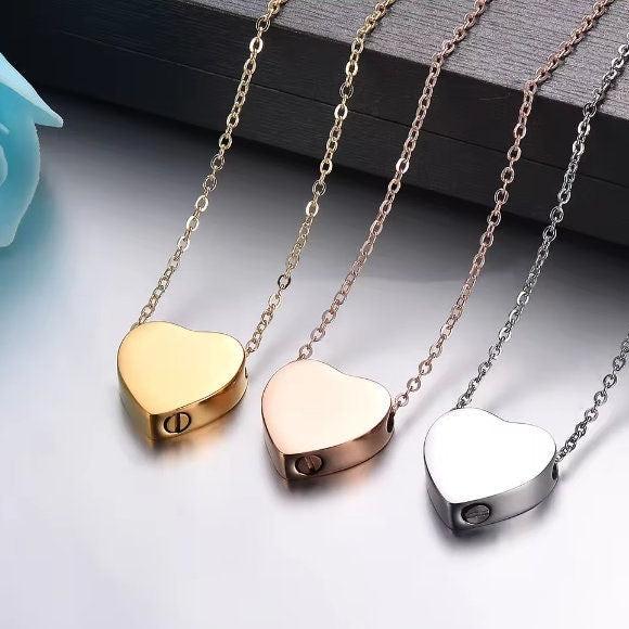 Solid Heart Urn Memorial Necklace (Silver, Gold, or Rose Gold), 1 Total, Metal Blank 56 - 