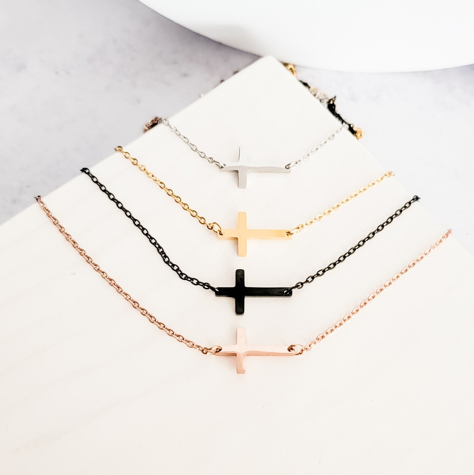 Tiny Horizontal Cross Necklace (Silver, Gold, Rose Gold, or Black), 1 Total, Metal Blank 42 - 
