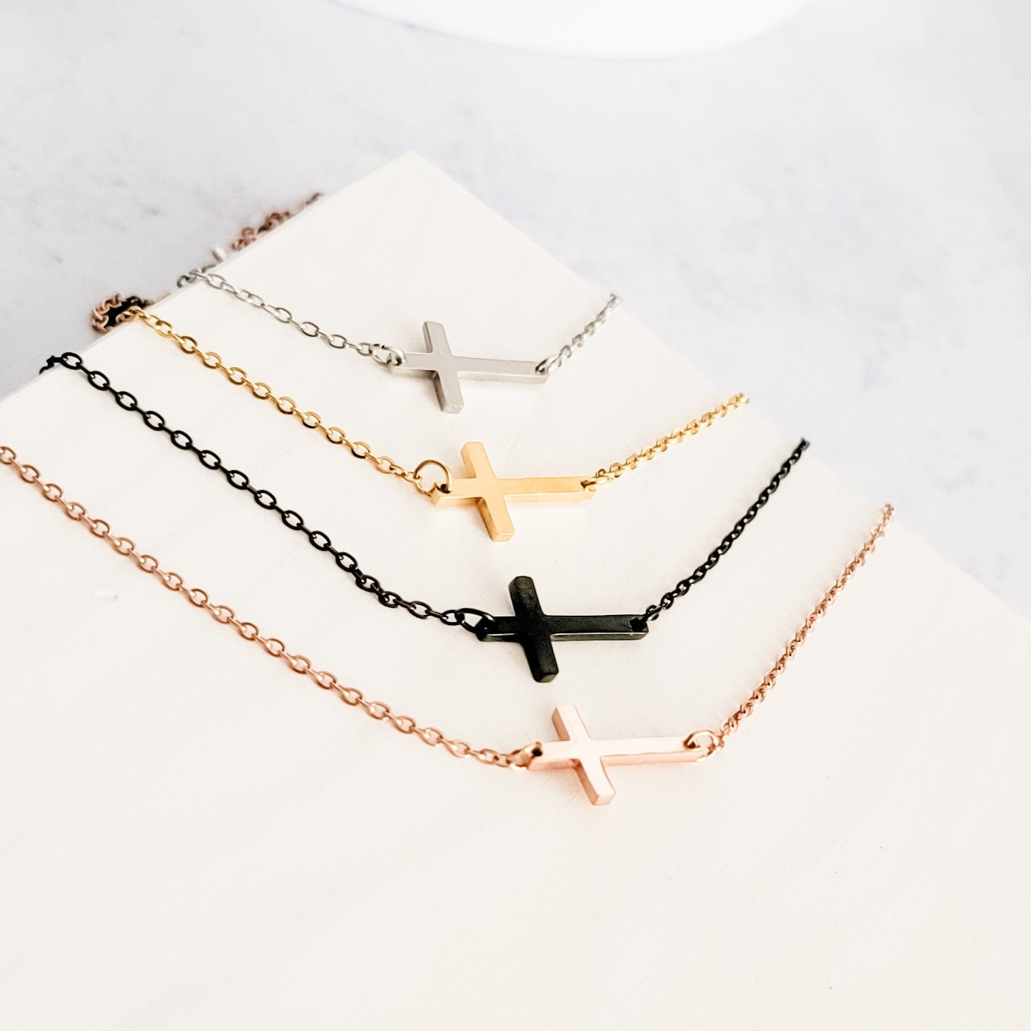 Tiny Horizontal Cross Necklace (Silver, Gold, Rose Gold, or Black), 1 Total, Metal Blank 42 - 