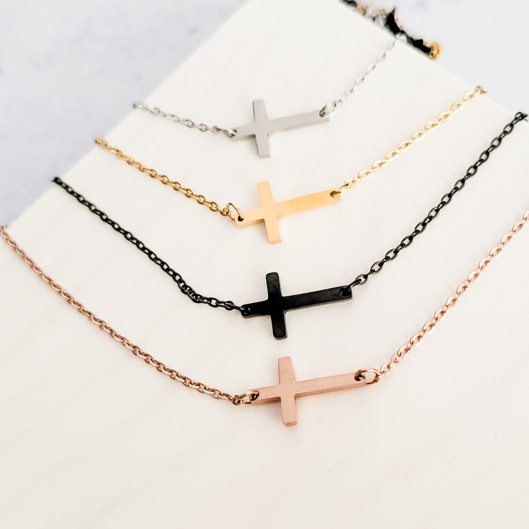 Tiny Horizontal Cross Necklace (Silver, Gold, Rose Gold, or Black), 1 Total, Metal Blank 42 - 